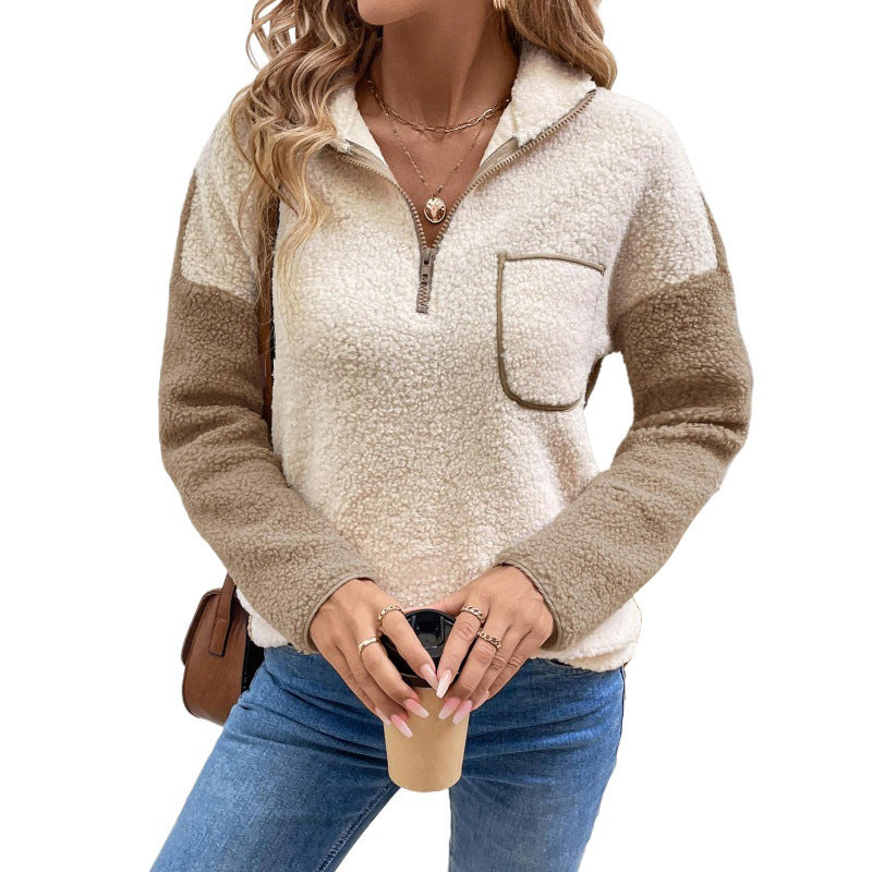Teddyfleece Tröja för Dam med Halvdragkedja och Ficka, Tvåfärgad