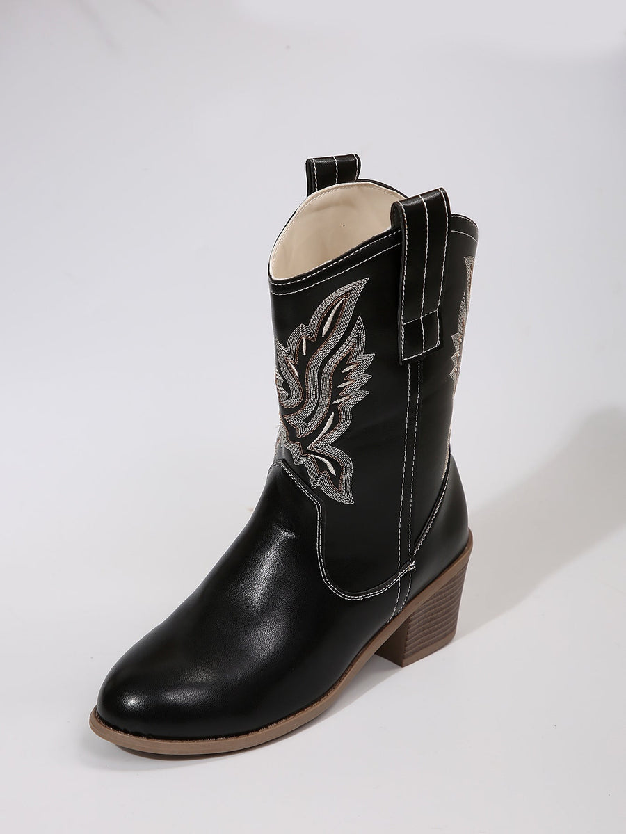 Korta Cowboyboots med Broderi, Flerfärgad Dekoration, Rundad Tå, Mellanhög Klack, Damskor