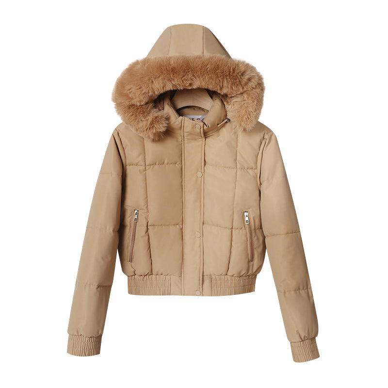 Kort Pufferväst Dam med Huva och Fuskpäls, Beige