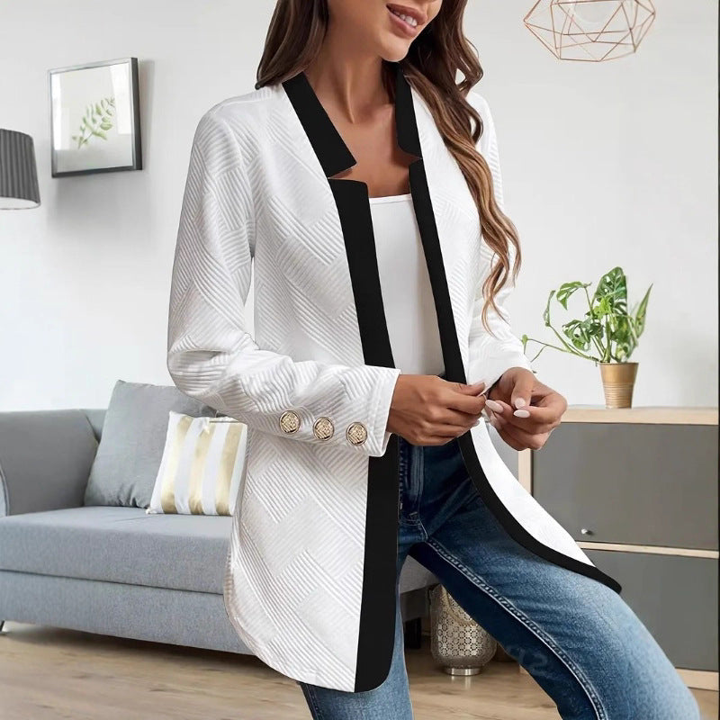 Elegant Lång Blazer Dam Jacka med Guldfärgade Knappar