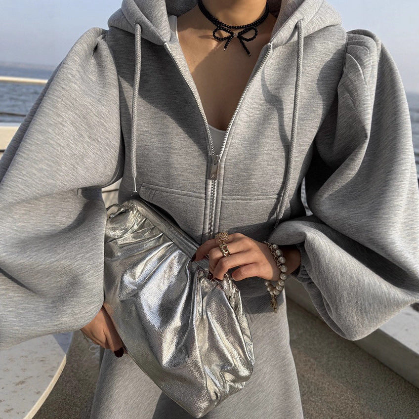Dam Set Hoodie och Lång Kjol med Dragkedja Puffärm Grå