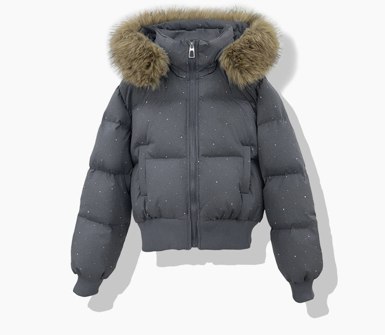 Vinterjacka med huva och fuskpäls, kort puffermodell med prickar