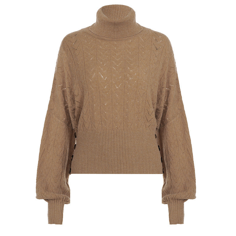 Damtröja Höghalsad Stickad Crop Top Långärmad Khakifärgade