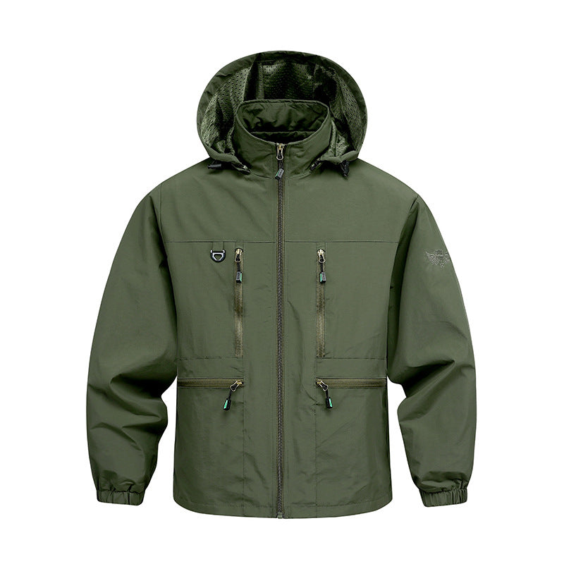 Herrjacka med huva, khaki, svart eller militärgrön, med flera fickor och dragkedjor
