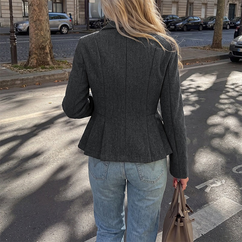 Kort Kavaj Dam Dubbelknäppt Peplum Mörkgrå Långärmad