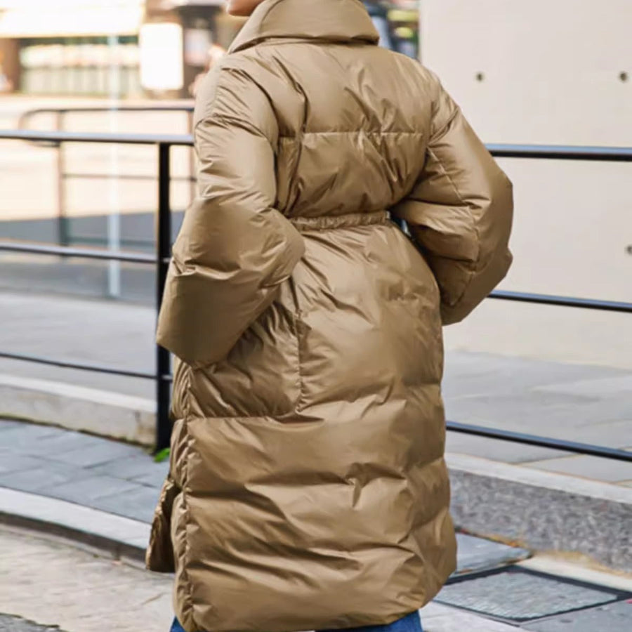 Lång Dunjacka för Dam med Bälte, Oversize Passform, Varm och Puffig