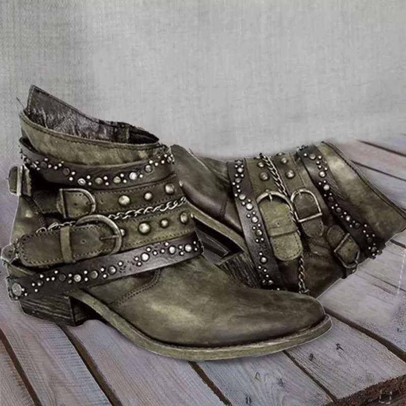 Ankelboots med Spännen, Kedjor och Nitar, distressed look