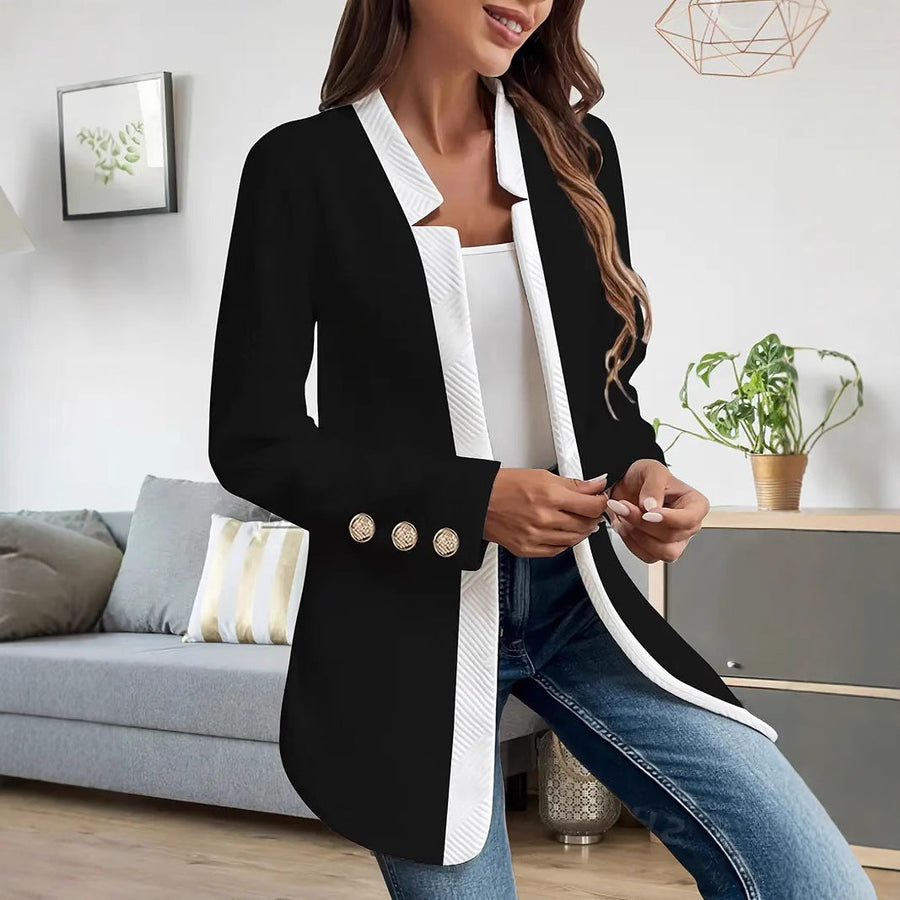 Elegant Lång Blazer Dam Jacka med Guldfärgade Knappar