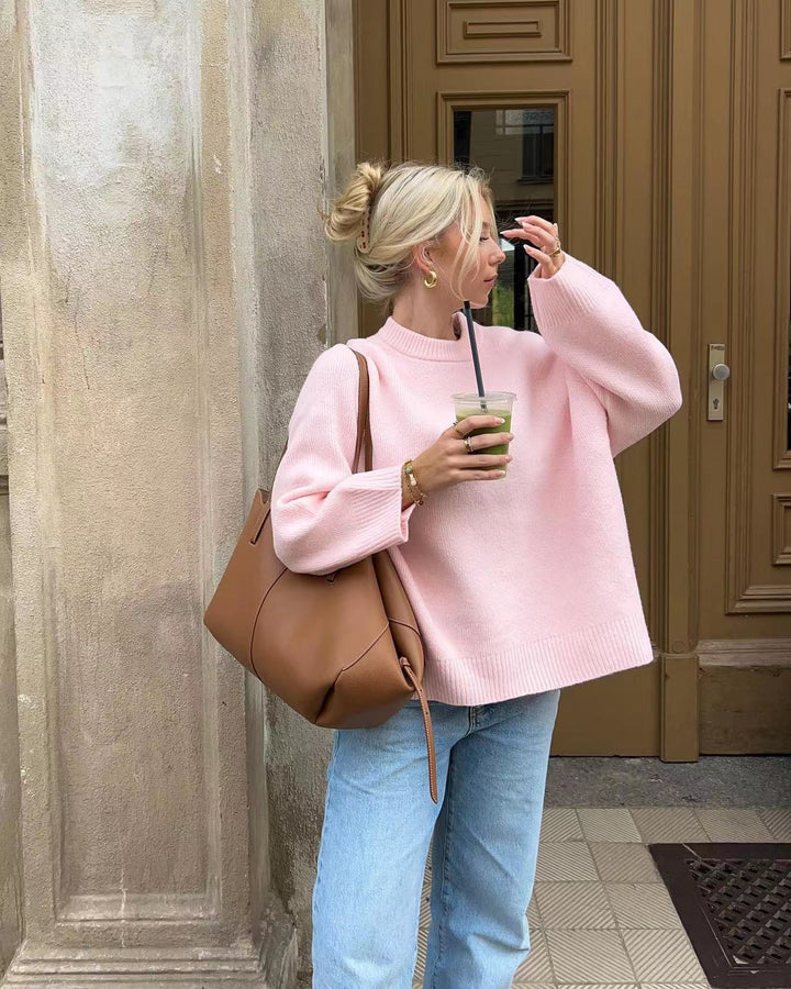 Rosa tröja med rund hals och lång ärm