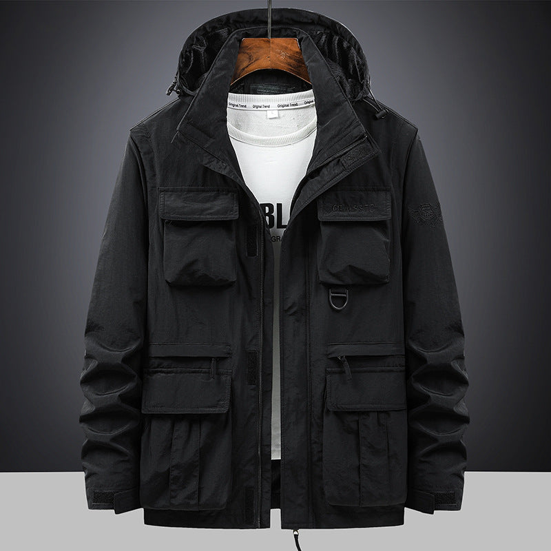 Herrjacka med huva och många fickor - Svart, Olivgrön, Khaki