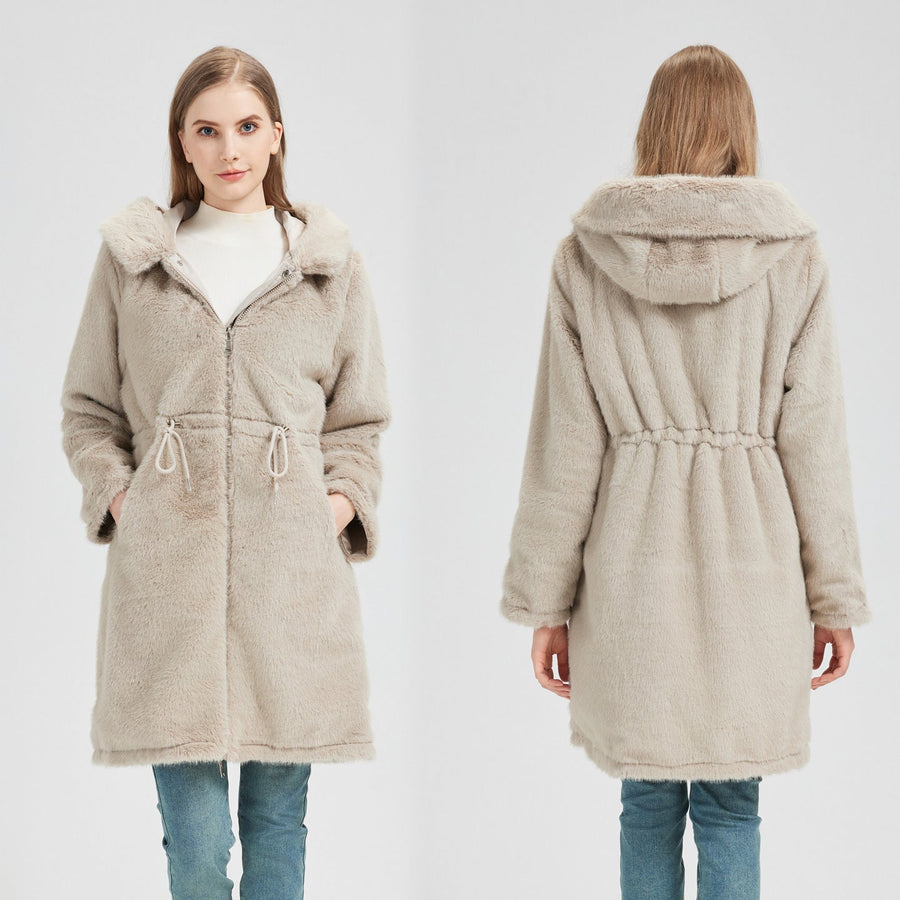Dam Parkas med Huva och Mjukt Foder, Dragsko i Midjan, Ficka, Långärmad Vinterjacka