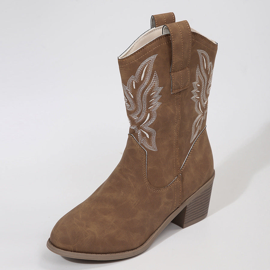 Korta Cowboyboots med Broderi, Flerfärgad Dekoration, Rundad Tå, Mellanhög Klack, Damskor