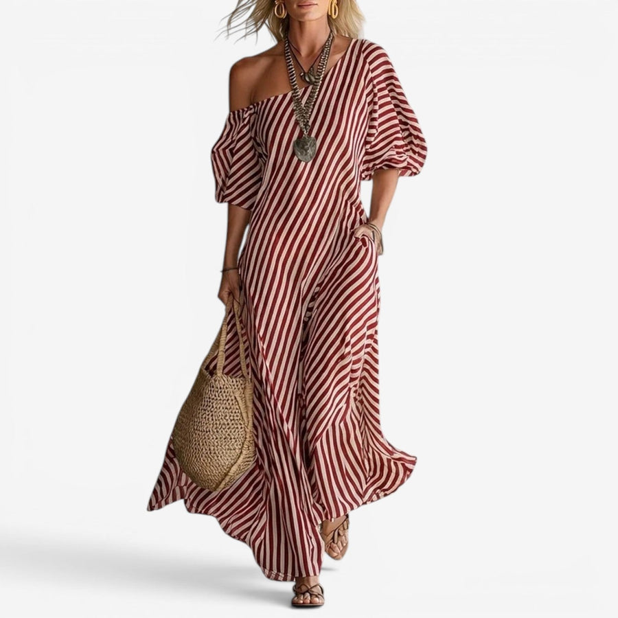 Randig Maxiklänning med Off Shoulder och Puffärm