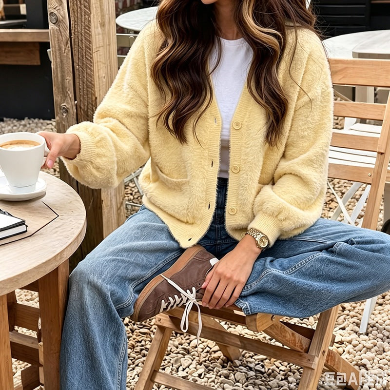 Gul Långärmad Cardigan med Knappar och Fickor