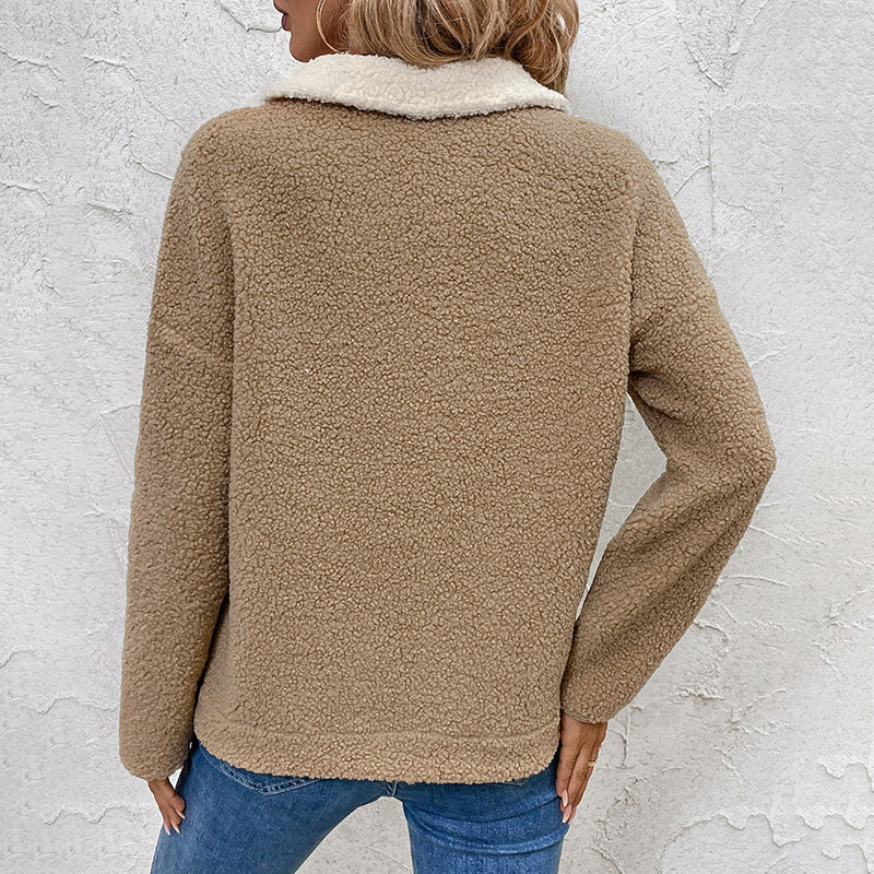 Teddyfleece Tröja för Dam med Halvdragkedja och Ficka, Tvåfärgad