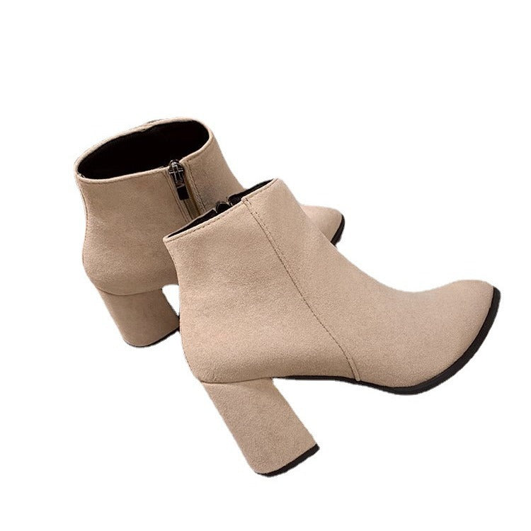 Ankelboots Dam Hög Klack Spetsig Tå Dragkedja Beige