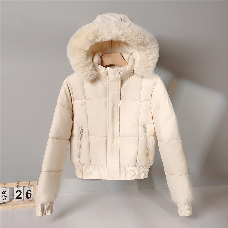 Kort Pufferväst Dam med Huva och Fuskpäls, Beige