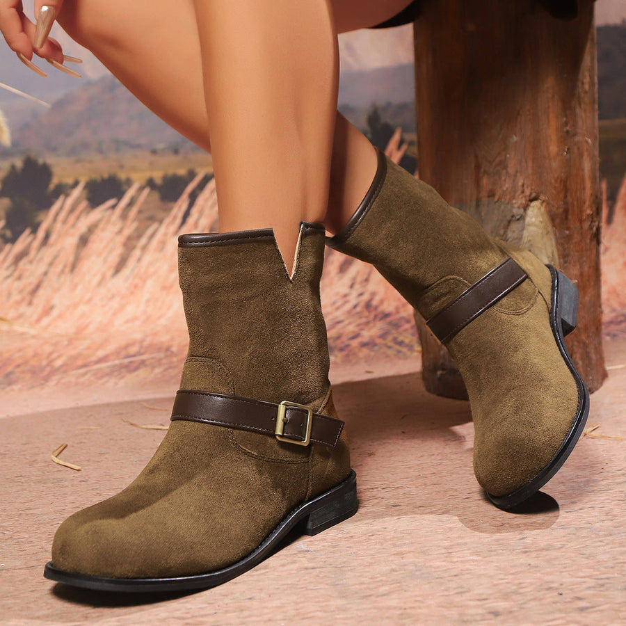 Ankelboots för dam, mockaliknande material med spänne, beige