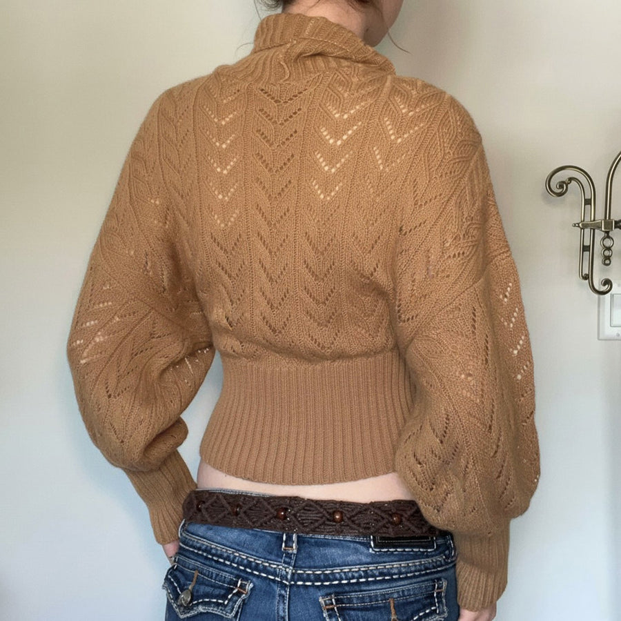 Damtröja Höghalsad Stickad Crop Top Långärmad Khakifärgade