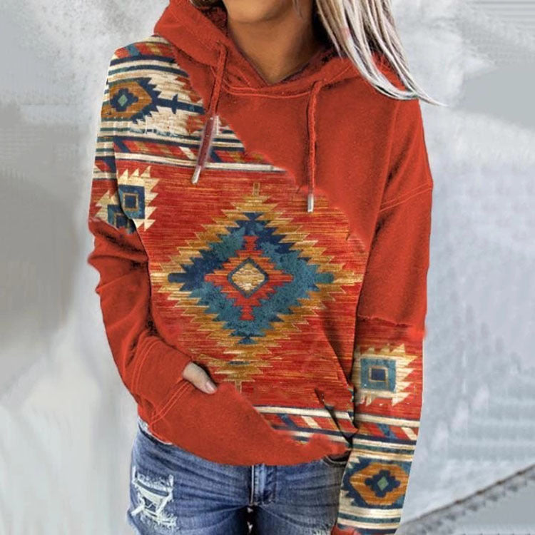 Hoodie med Aztekinspirerat Mönster och Fickor