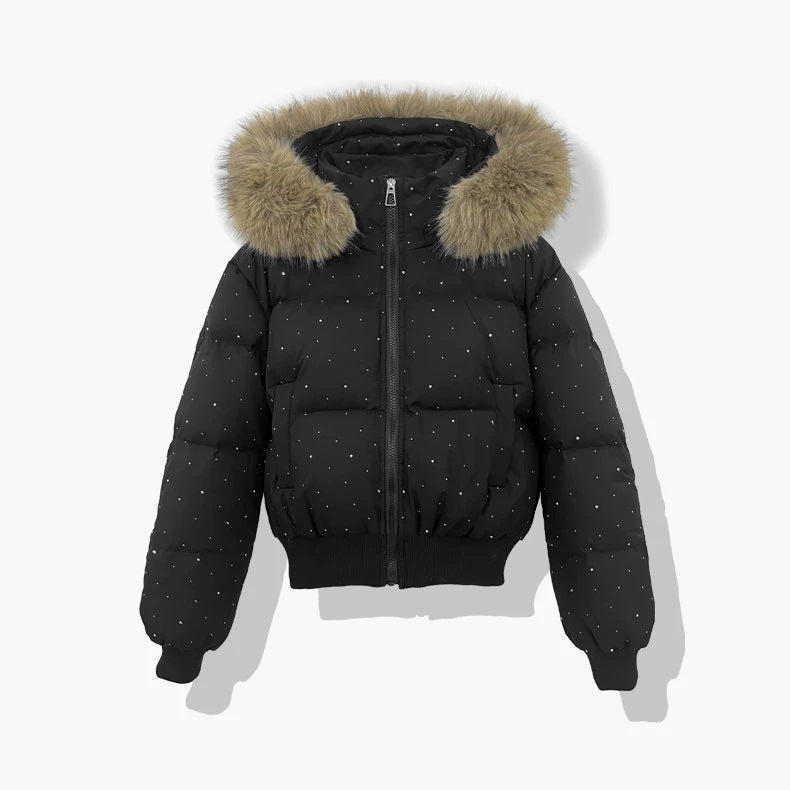 Vinterjacka med huva och fuskpäls, kort puffermodell med prickar