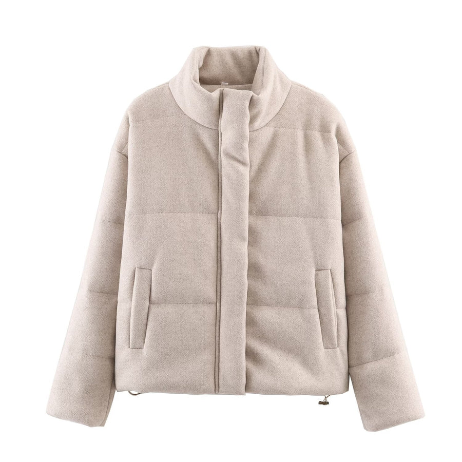 Kort Vinterjacka Kvinnor Beige Hög Krage Dragkedja