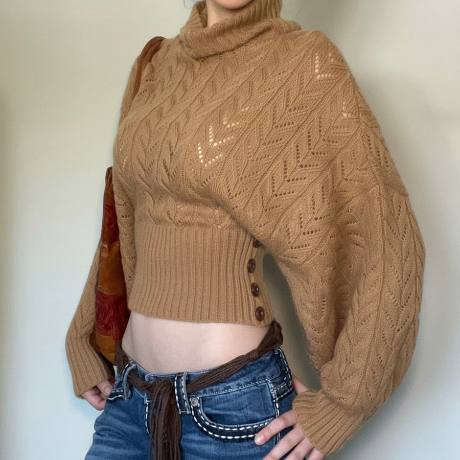 Damtröja Höghalsad Stickad Crop Top Långärmad Khakifärgade
