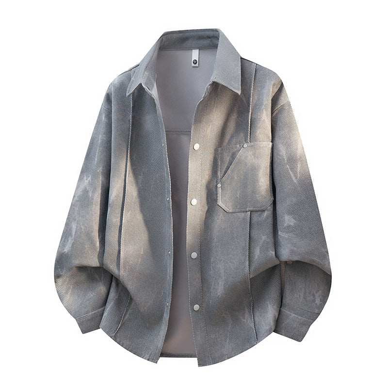 Unisex Oversize Skjorta med Bröstficka och Sliten Look i Cordmaterial