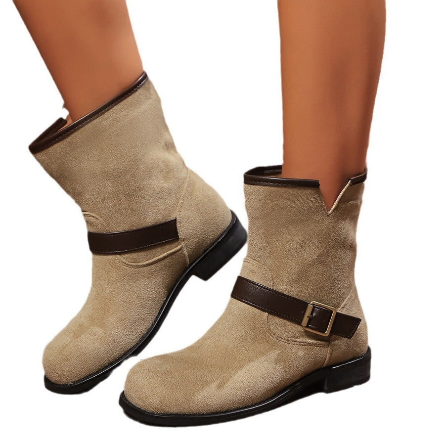 Ankelboots för dam, mockaliknande material med spänne, beige