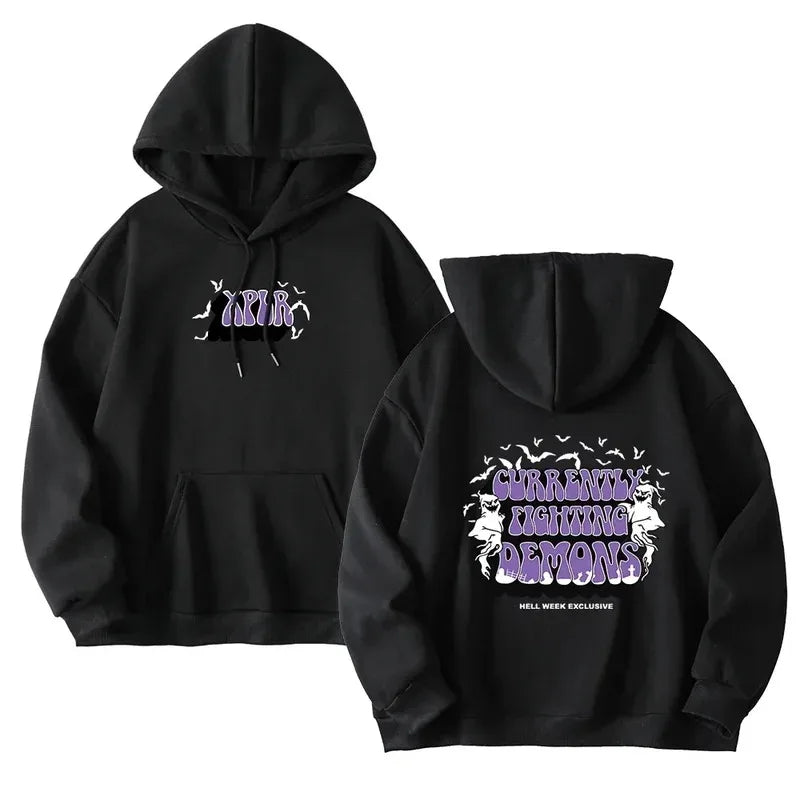 Hoodie med tryck, långa ärmar och känguruficka