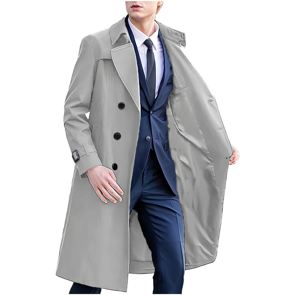 Herr Trenchcoat med Dubbelknäppning, Lång Passform och Krage