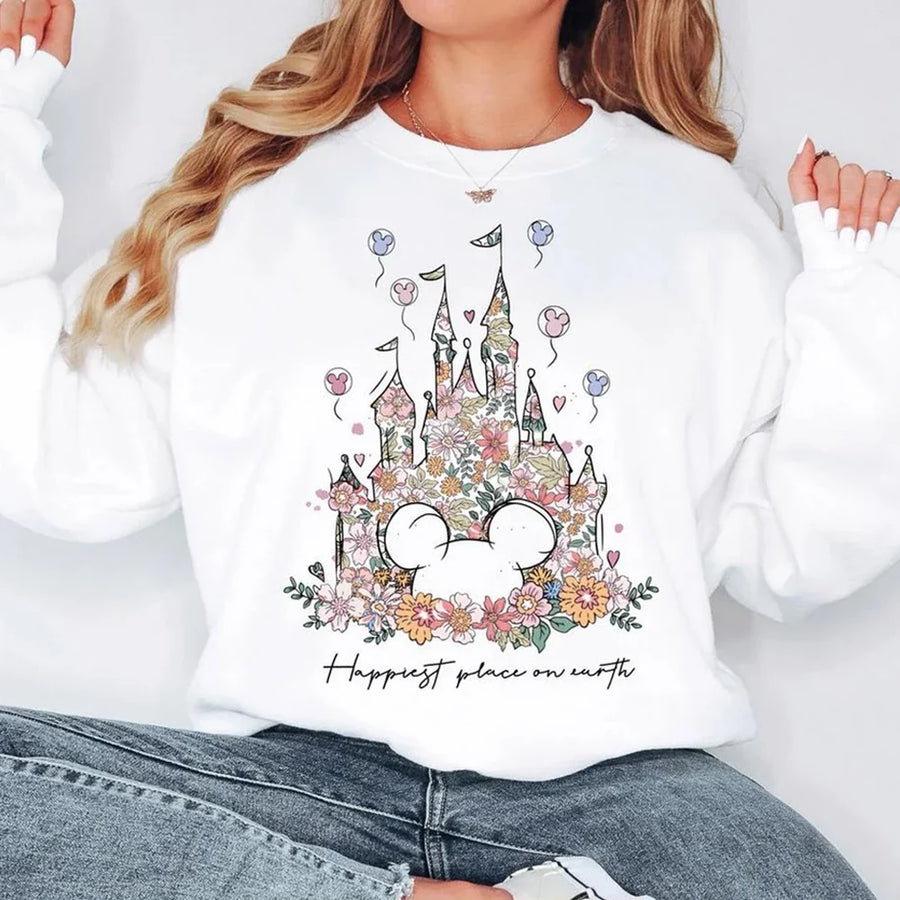 Vit sweatshirt med slottstryck och blommor, långärmad tröja