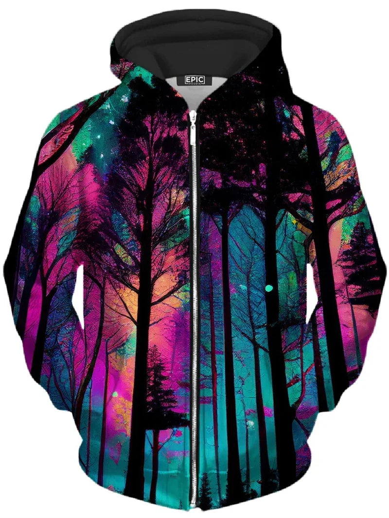 Hoodie med dragkedja och färgstarkt trädtryck, svart