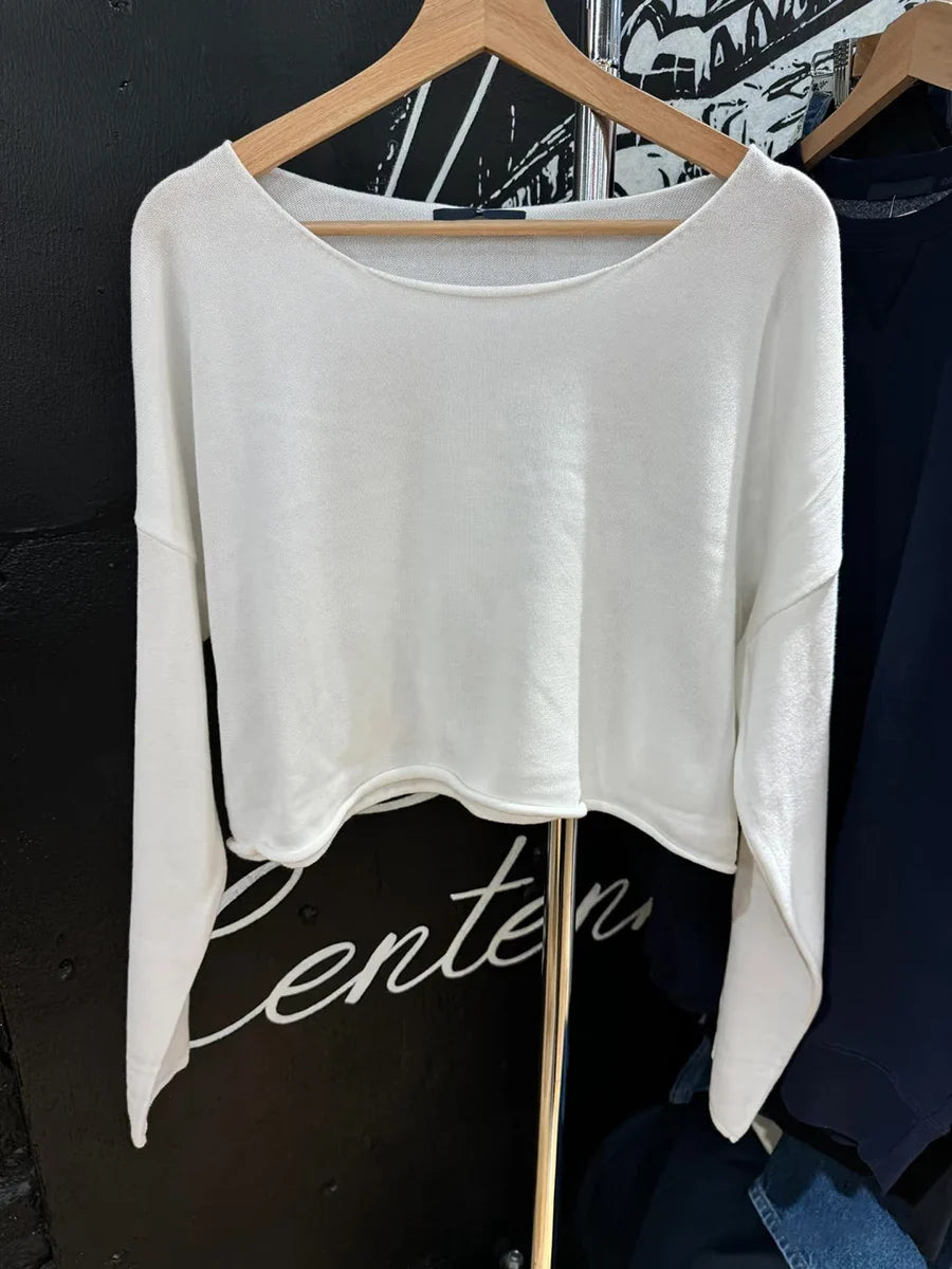 Vid Halsringad Långärmad Tröja Crop Top Grå