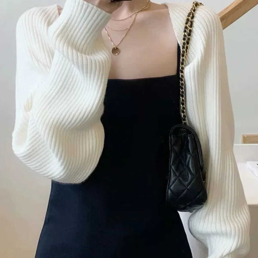 Ribbad crop top med långa ärmar för dam, bolero-stil, stickat utseende