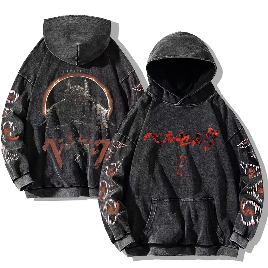 Svart huvtröja med tvättad look och tryck, Unisex Berserk-inspirerad hoodie