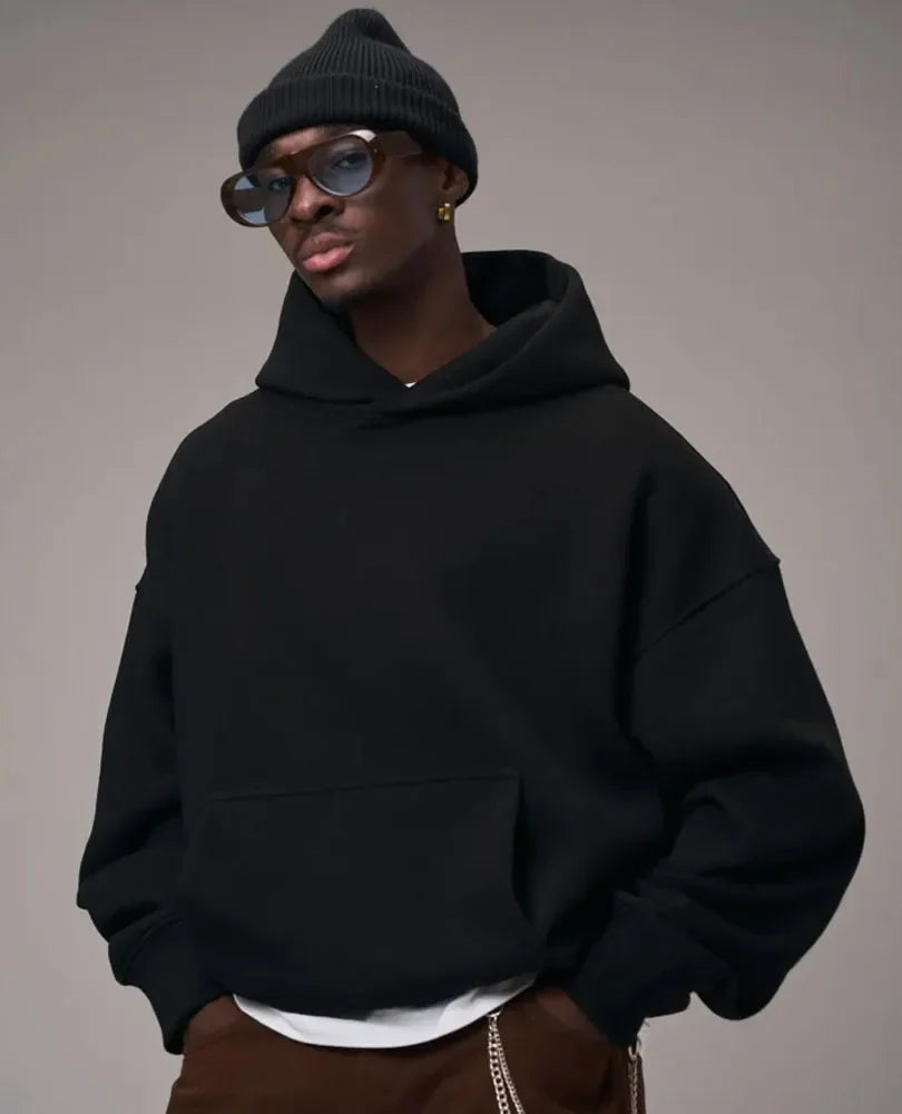 Män Oversize Hoodie med Känguruficka och Huva i Enfärgade Material