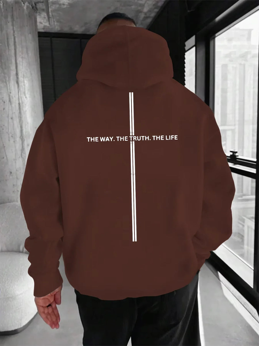 Hoodie med tryck och dubbla ränder, oversized passform
