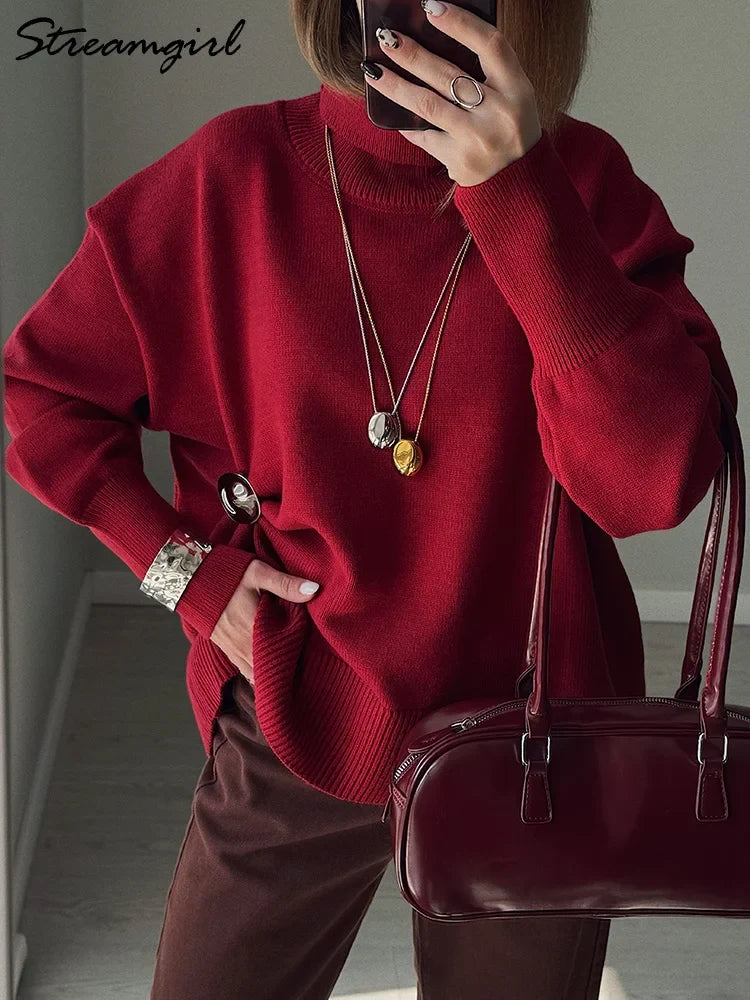 Dam Oversize Polotröja med Lång Ärm och Ribbade Muddar