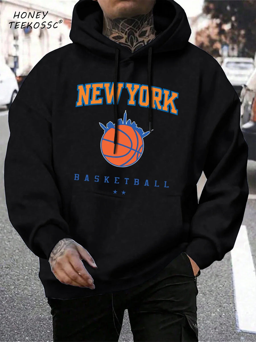 Hoodie med "New York" eller "Brooklyn" tryck, dragsko och känguruficka för män