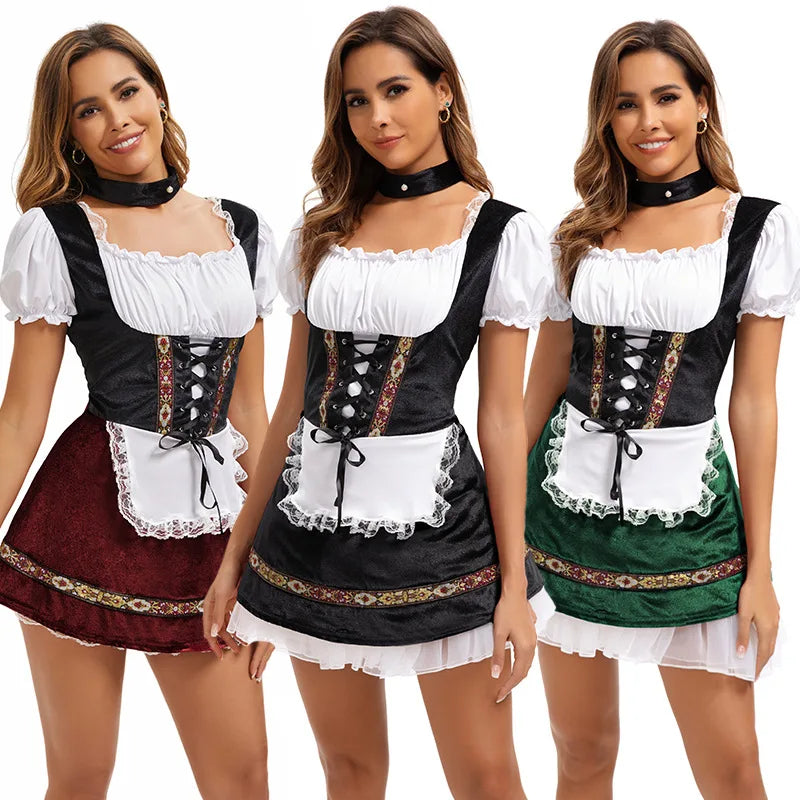 Dam Oktoberfest Klänning Dirndl-stil med Snörning och Förkläde Vinröd