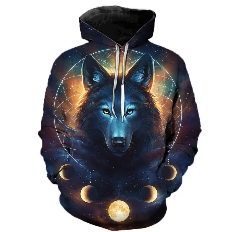 Hoodie med vargtryck i 3D, grafiskt mönster med vargar och måne