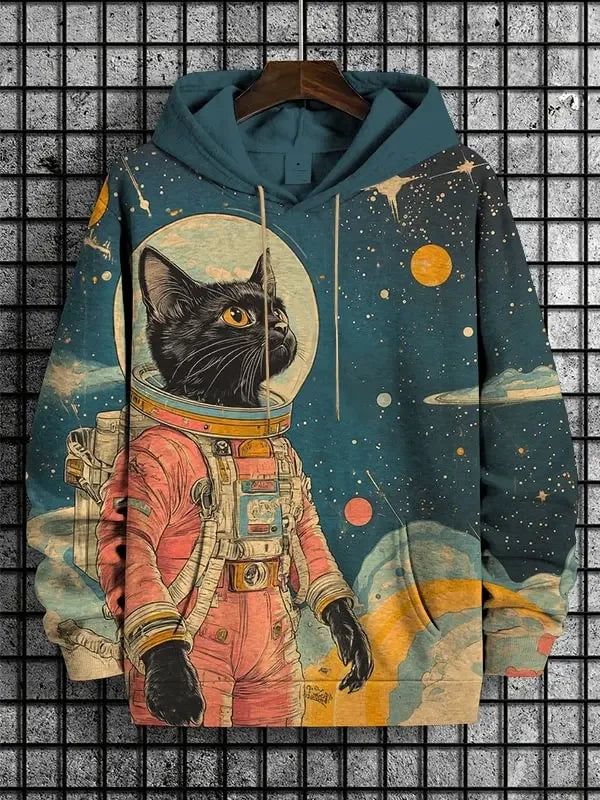 Hoodie med kattmotiv, tryck och huva, lång ärm