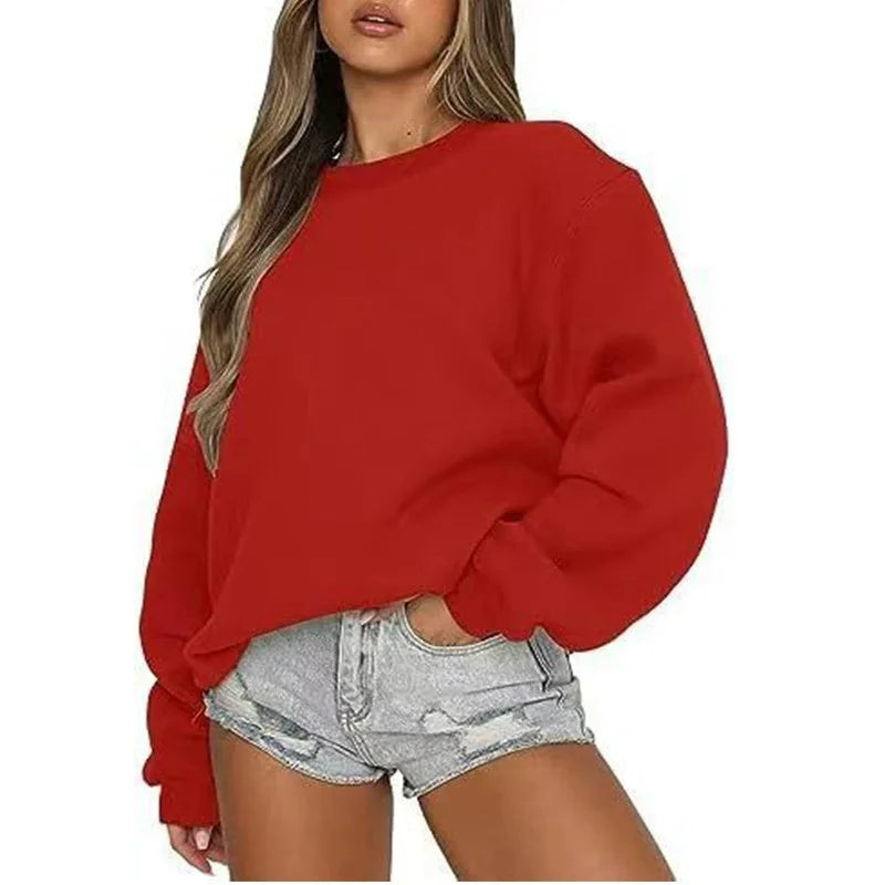 Enfärgad Sweatshirt för Dam med Rund Hals