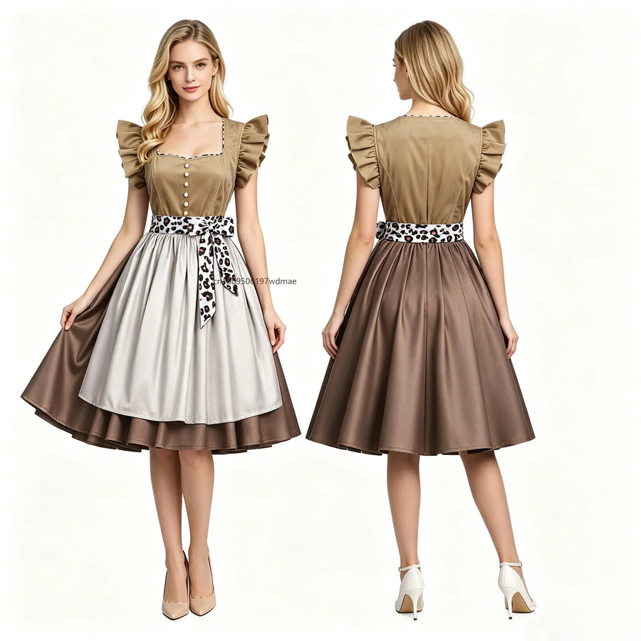 Dam Dirndlklänning med förkläde och midjeband, kortärmad, brun/beige