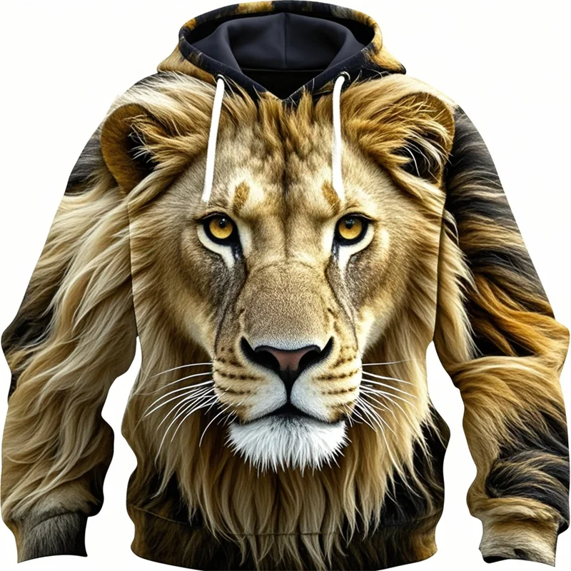 Hoodie med Lejonansikte 3D-tryck, Unisex Tröja med Huva och Känguruficka