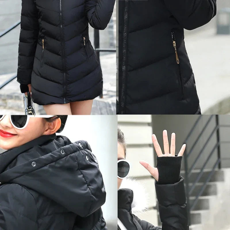 Dam Vinterjacka med Stora Pälskrage och Figursydd Design – Elegant Varm Parkas för Kalla Dagar