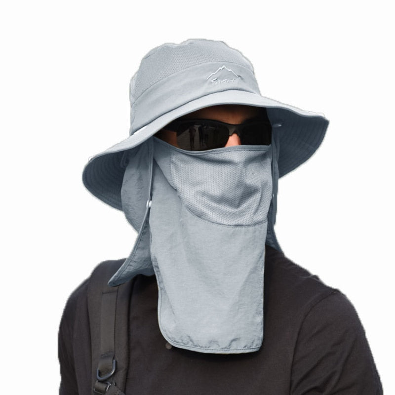 Unisex Solhatt med Hals- och Ansiktsskydd, Justerbar Rem, Grå