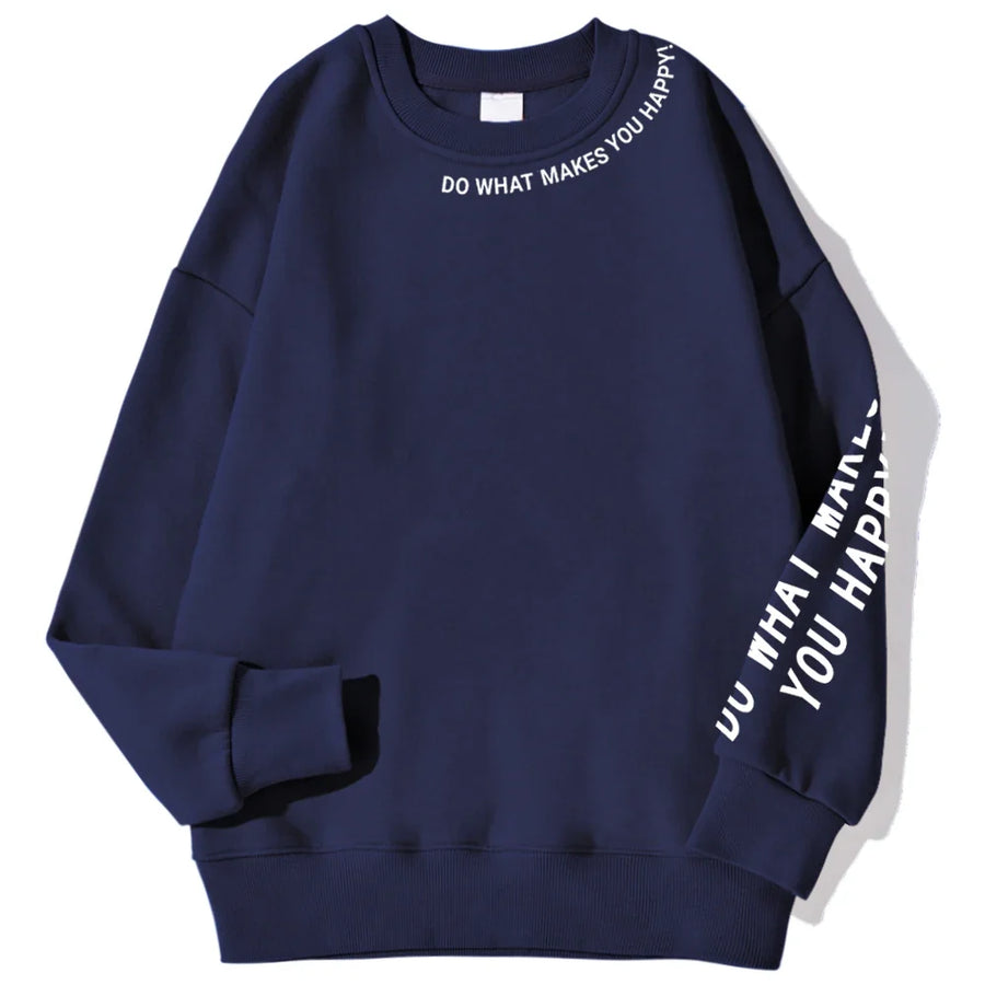 Mjuk Sweatshirt med Texttryck – Rundhalsad Tröja med Lång Ärm och Ribbade Muddar