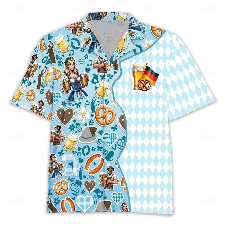 Oktoberfest Hawaii-skjorta med tryck av öl, kringlor och korv